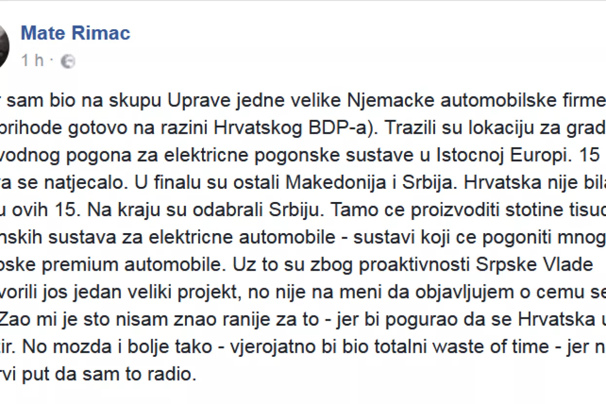 Mate Rimac: 'Proaktivna' Srbija dobila lukrativni natječaj na koji se Hrvatska nije ni prijavila