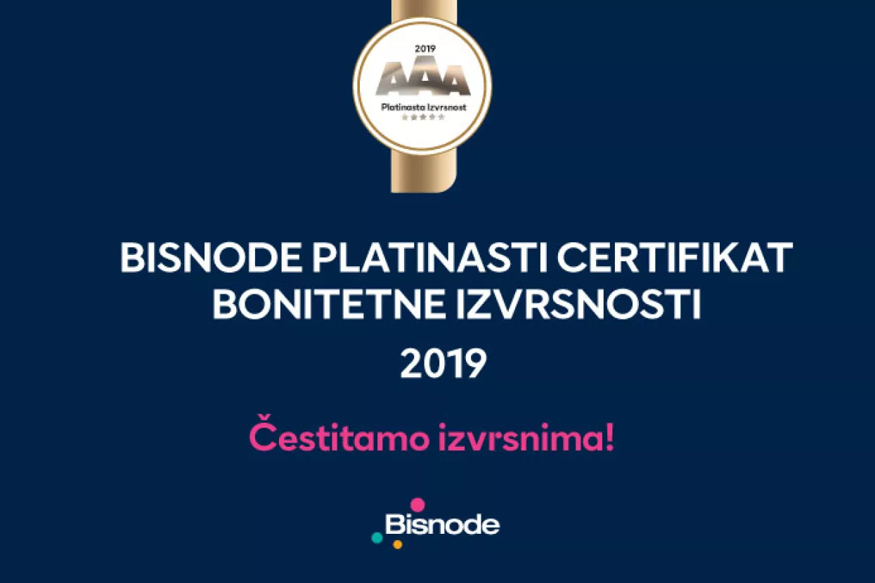 Bisnode najpresnižniji certifikat - Platinasta bonitetna izvrsnost 2019