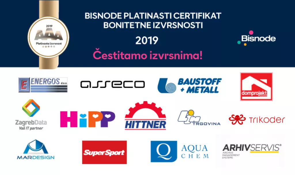Bisnode najpresnižniji certifikat - Platinasta bonitetna izvrsnost 2019