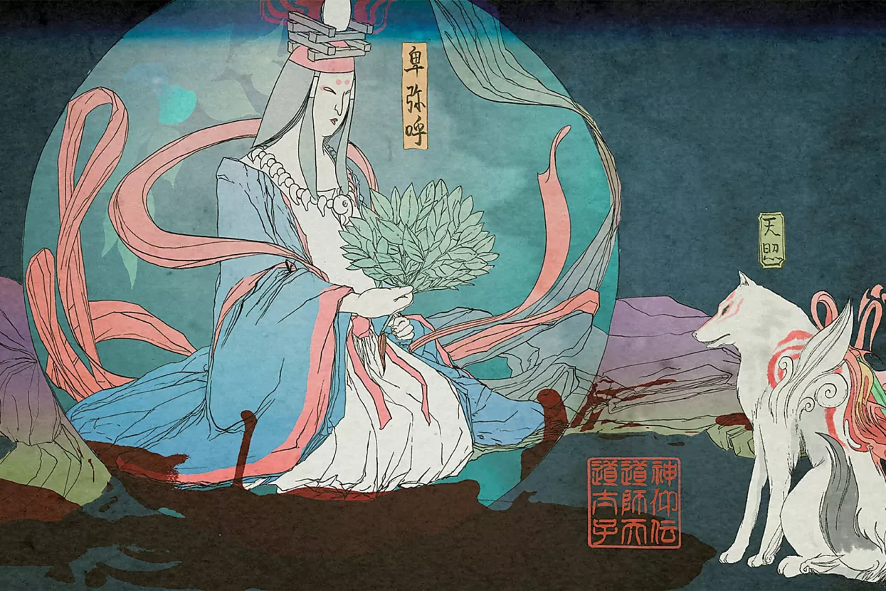 Amaterasu, božica sunca, glavni je lik videoigre Okami, utemeljene na japanskoj &scaron;intoističkoj mitologiji. Bori se s mitolo&scaron;kim bićima poput tengua, kitsunea, ubumea i wanyudoa