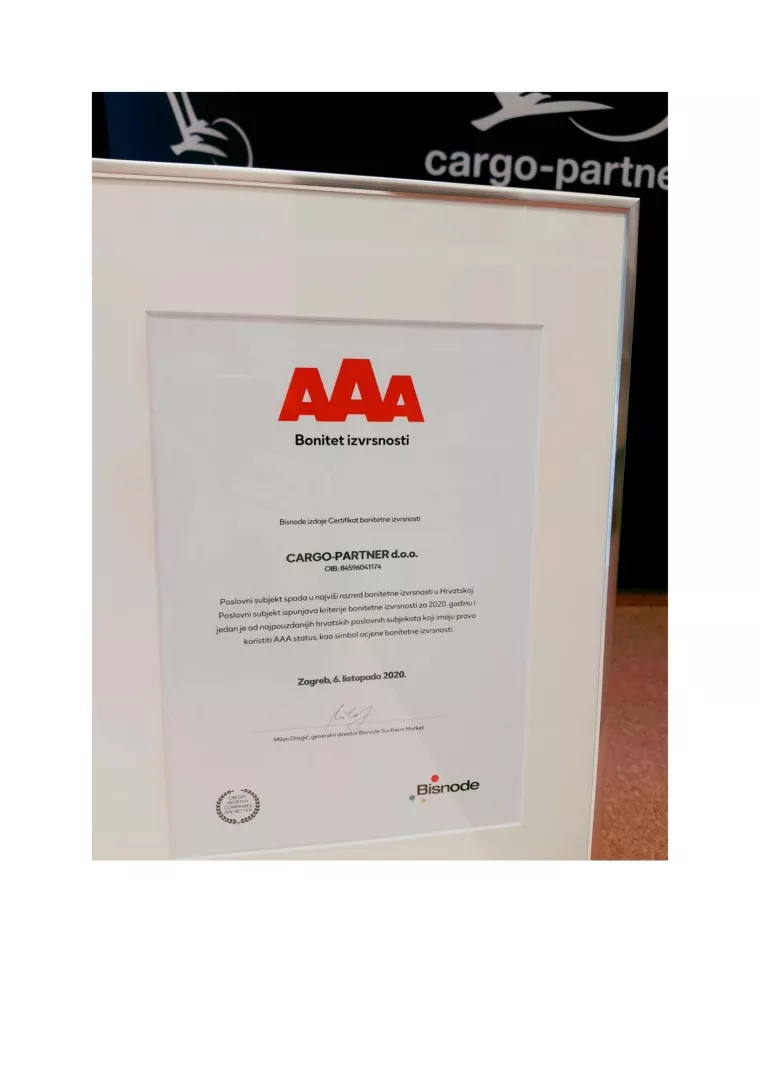 cargo-partner: primio BISNODE-ov certifikat bonitetne uspješnosti u 2020.