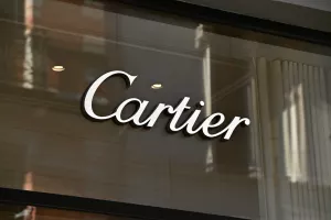 Stockholm, Sweden - July 12, 2021A window sign for the French jewellery brand Cartier at the companyÂ´'s store in downtown Stockholm, Sweden.