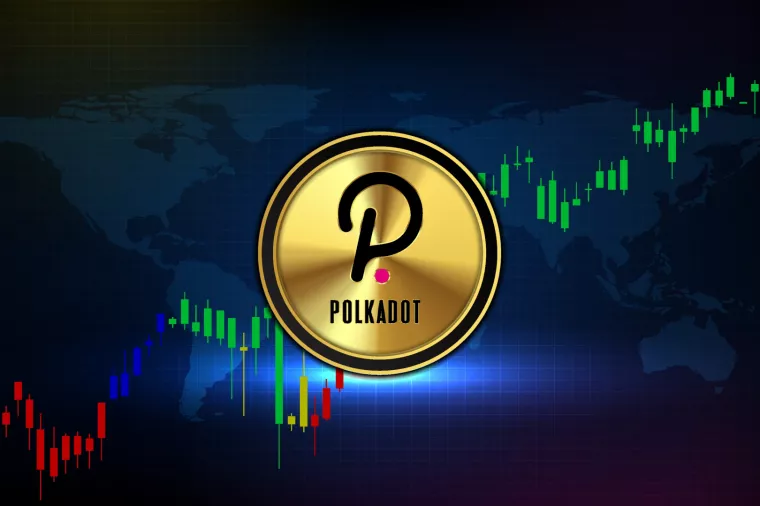 abstract futuristic technology background of polkadot(DOT) coin digital cryptocurrency and market graph volume indicator<br>kriptovaluta polkadot