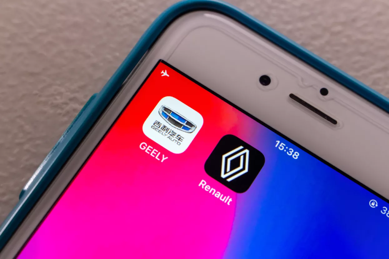 Kumamoto, JAPAN - Aug 16 2021 Geely Auto Group, Chinese automobile company, and French multinational automobile company Renault apps on iPhone. They partner up to develop hybrid vehicles in Aug 2021