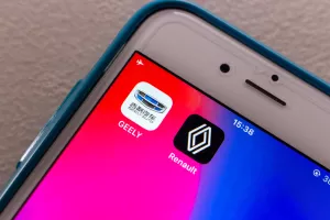 Kumamoto, JAPAN - Aug 16 2021 Geely Auto Group, Chinese automobile company, and French multinational automobile company Renault apps on iPhone. They partner up to develop hybrid vehicles in Aug 2021