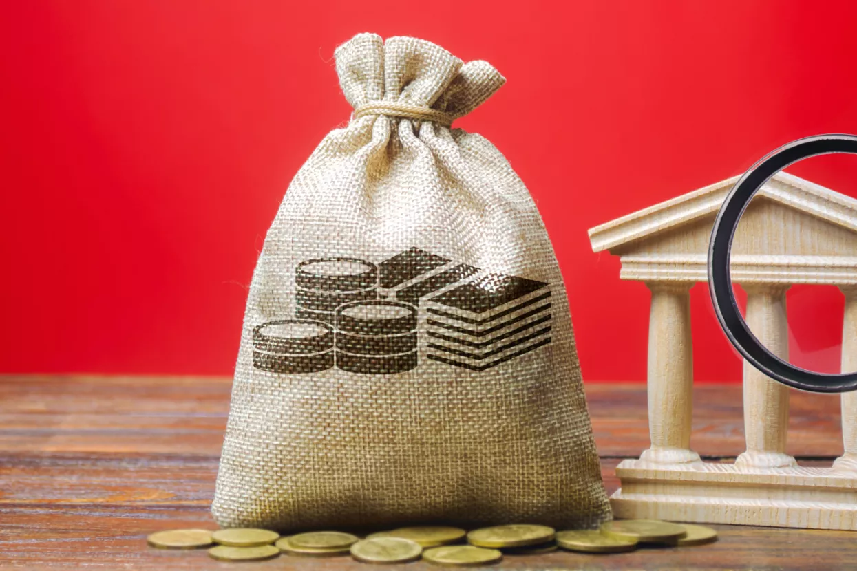 Money bag and government building. Business and finance concept. Deposit, loan and investment in to the bank. Credit. Help from the state. Subsidies and Benefits. Budget. Copy space