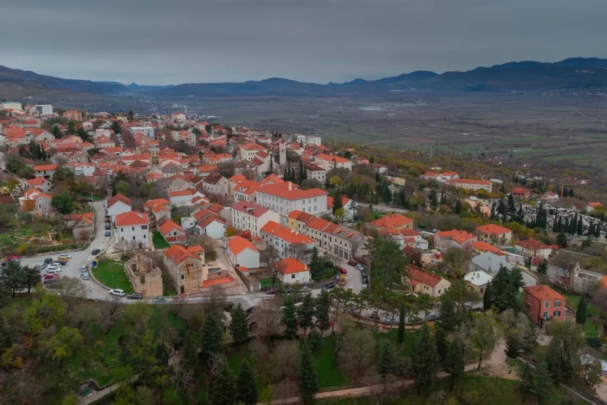 Aerial drone of Imotski, a small city in the dalmatian part of Croatia on a cold december day.