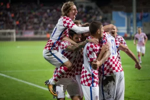 RIJEKA, CROATIA - OCTOBER 6, 2017European qualifier for 2018 FIFA World Cup Russia. Round 1, Group 1 - Croatia VS Finland. Croatian players celebrating goal<br>nogomet Hrvatska nogometna reprezentacija Luka Modrić