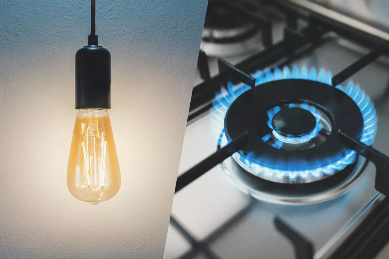 Gas stove and light bulb. Utility bills concept<br>prirodni plin, struja, električna energija, energenti cijene