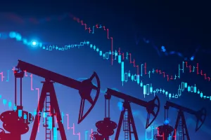 Three oil pumps over blue background with double exposure of falling blurry digital graphs. Concept of oil market crisis. 3d rendering toned image<br>nafta, plin, proizvodnja, pad proizvodnje, pad cijena, cijene, cijene nafte, cijene plina, burze, burzovne robe, energenti