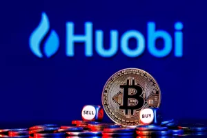 Huobi is a cryptocurrency exchange. Golden bitcoin with two buy-sell cubes in a pile of coins on the background of the Huobi logo. The concept of buy-sell choice.