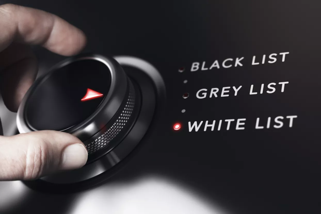 Hand turning a button with the words white, grey and black list. Anti-spam filtering concept. Composite between an image and a 3D background.