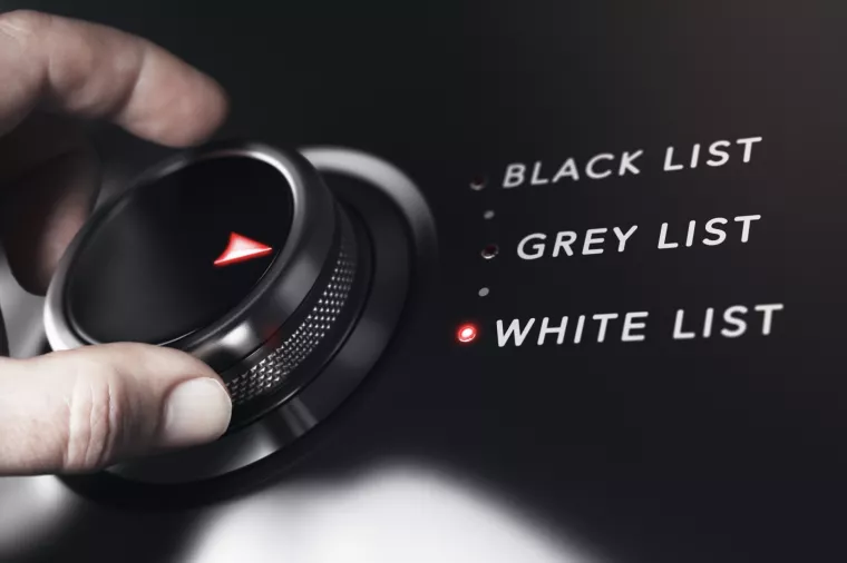 Hand turning a button with the words white, grey and black list. Anti-spam filtering concept. Composite between an image and a 3D background.