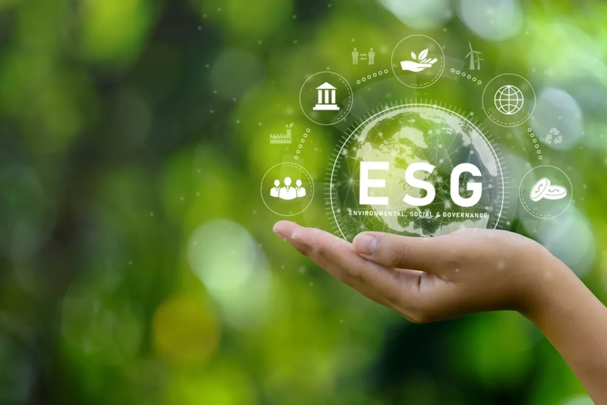 ESG icon concept. Environment in renewable hands. Nature, earth, society and governance SG in sustainable business on networked connections on green background. environmental icon<br>ESG