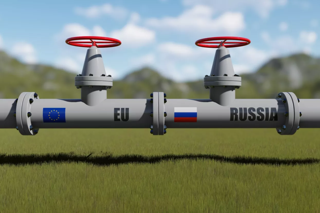 The gas pipeline with flags of Russia and EU. 3d rendering