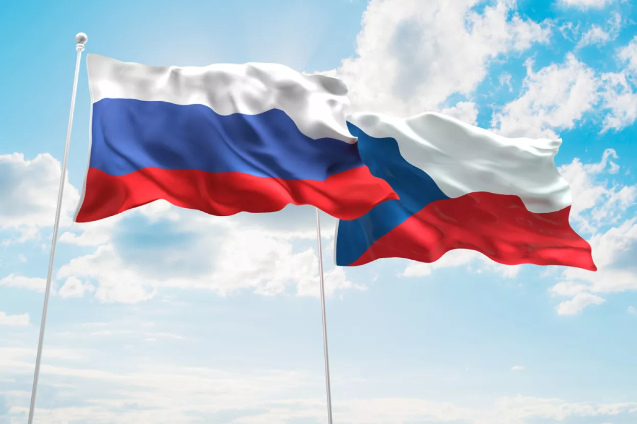 3D illustration of Russia & Czech Republic Flags are waving in the sky