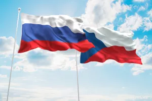 3D illustration of Russia & Czech Republic Flags are waving in the sky