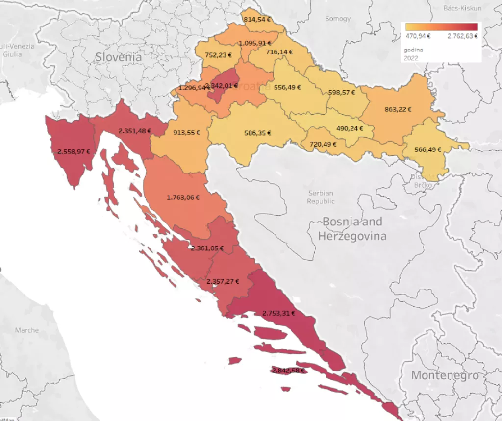 Karta proječnih cijena nekretnina po županijama u 2022. godini