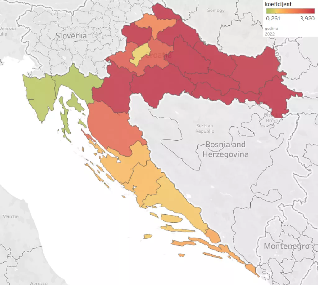 Karta koeficijenta udjela ponude i potražnje (potražnja/ponuda) po županijama u 2022. godini.