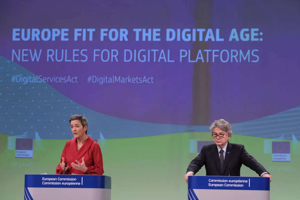 Margrethe VESTAGER and Commissioner Thierry BRETON Digital Services Act and the Digital Markets Act in Brussel