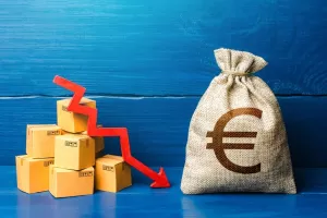Euro money bag with boxes and down arrow. Income decrease, slowdown and decline of economy. Low sales. Production decline. Reduced transportation prices. Bad consumer sentiment and demand for goods. EU, eurozona, BDP, GDP, gospodarstvo, pad, usporavanje