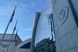 WASHINGTONOCTOBER 24, 2021SEC SECURITY AND EXCHANGE COMMISSION sign and building facade. The US SEC is the government agency responsible for security markets.