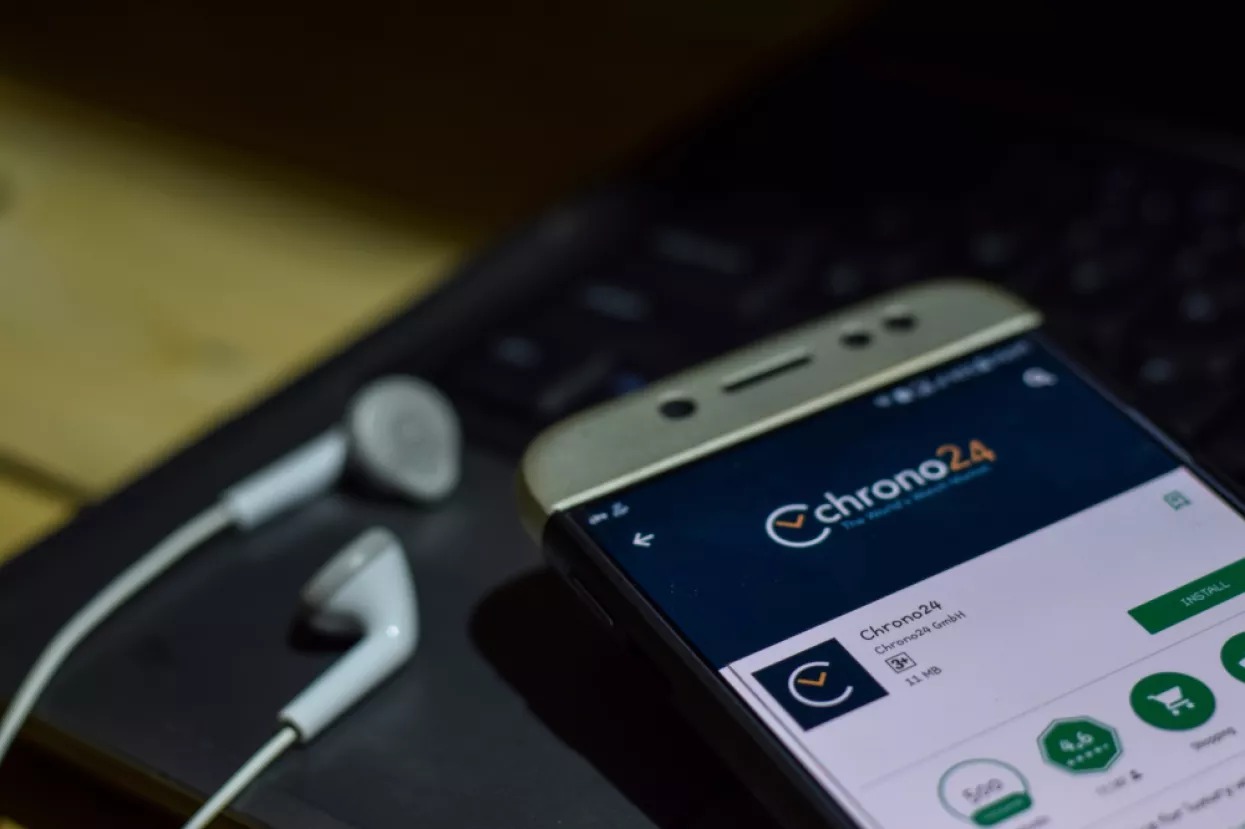 BEKASI, WEST JAVA, INDONESIA. JULY 15, 2018 Chrono24 Smartphone screen. Chrono24 is a freeware web browser developed by Chrono24 GmbH