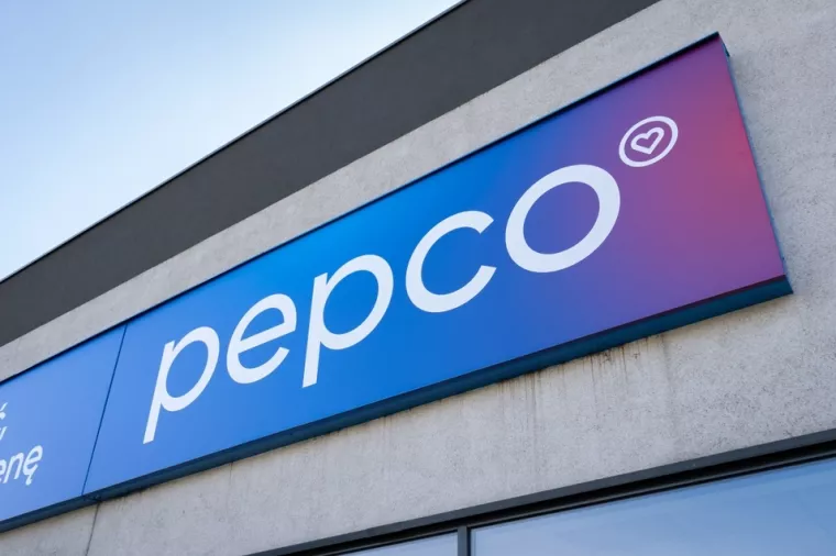 KRZESZOWICE, POLAND - OCTOBER 23, 2022 Pepco store with brand logo sign board hanging above entrance door. European chain of discount shops, rebrand signboard with new rebranding logotype.
