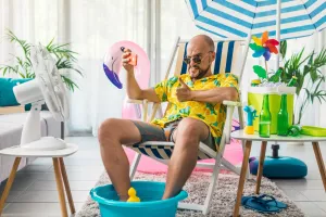 Happy man spending summer vacations at home and pretending he is on a beach, he is sitting on a deckchair and taking selfies with his smartphone