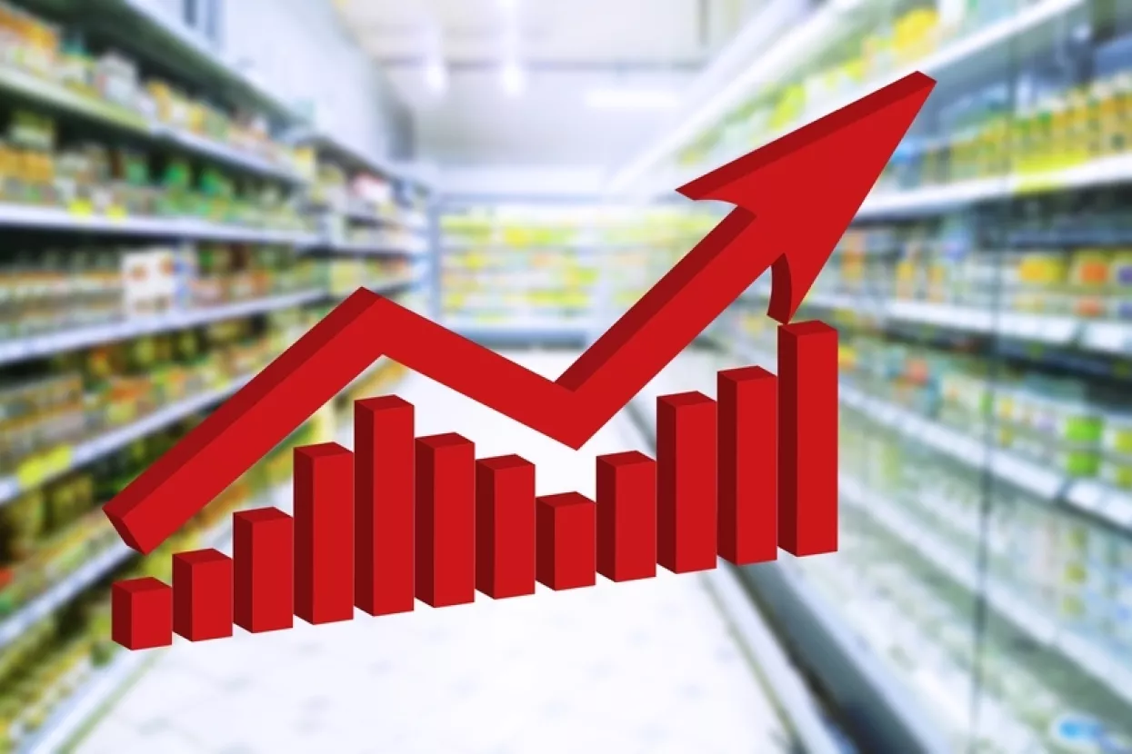 Red growing up large arrow on abstract blur supermarket background. Bar charts and graphs. Rising food prices. Inflation concept. Retail industry. Economy. Stock Market. Grocery Store. Recession. CPI.<br>indeks potrošačkih cijena, CPI, consumer price index, inflacija, rast cijena, cijene, 