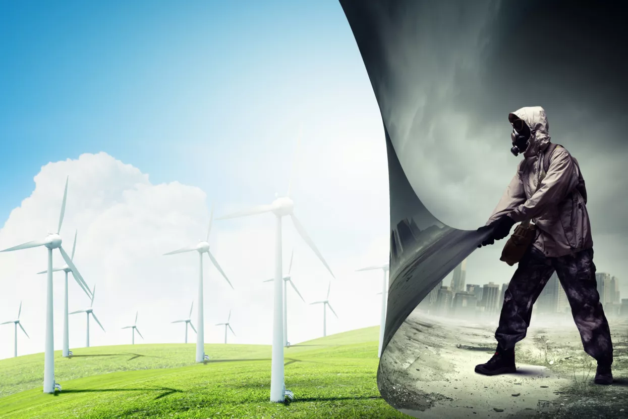 Zelena tranzicija, prljava energija, čista energija, gas maska