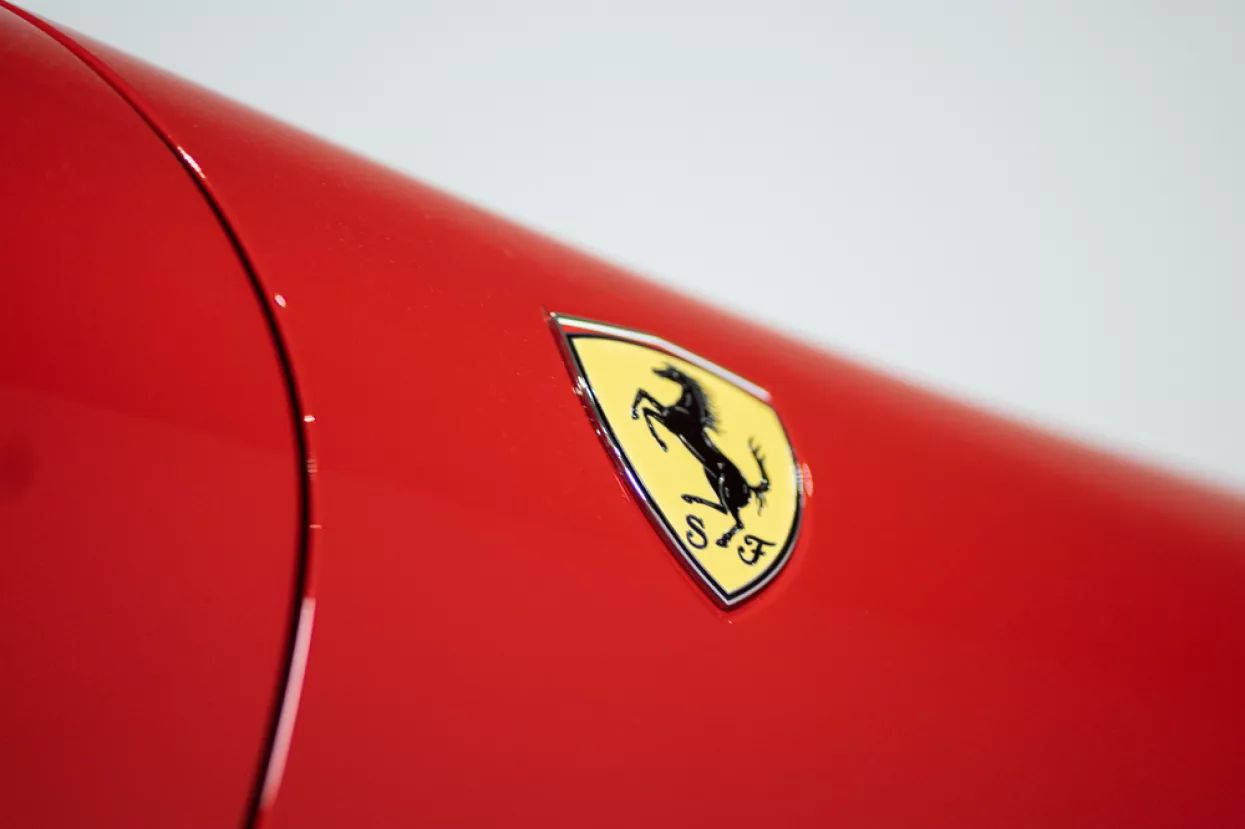 Ferrari logo on the 2021 Ferrari Roma Red with V8 turbo and 620 horsepower