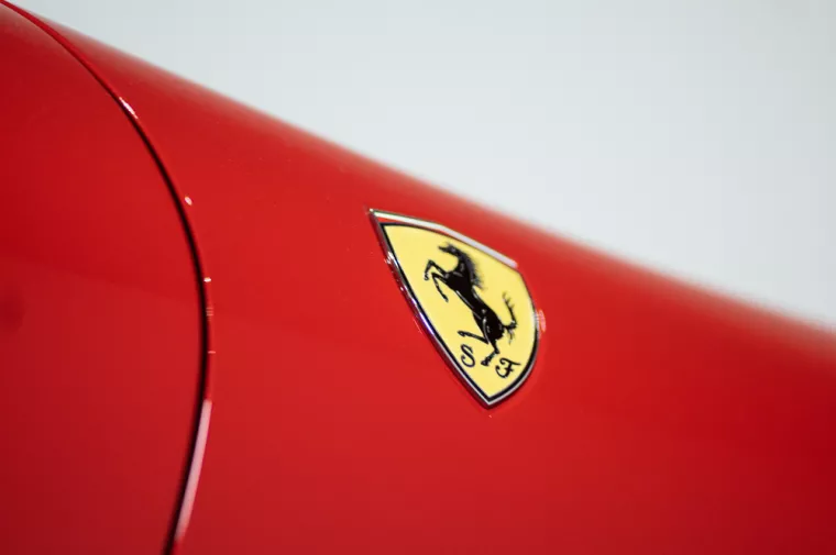 Ferrari logo on the 2021 Ferrari Roma Red with V8 turbo and 620 horsepower