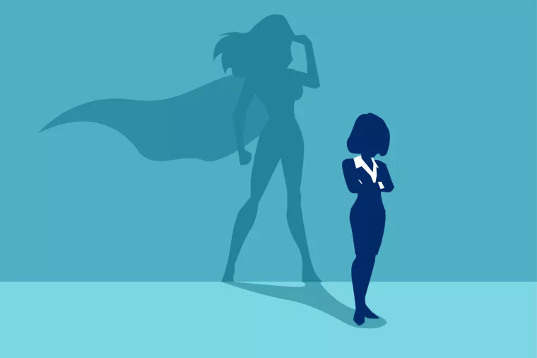 Vector of a strong business woman with a shadow imagining to be a super hero looking aspired.<br>žena, samopouzdanje, samopoštovanje, žene u biznisu