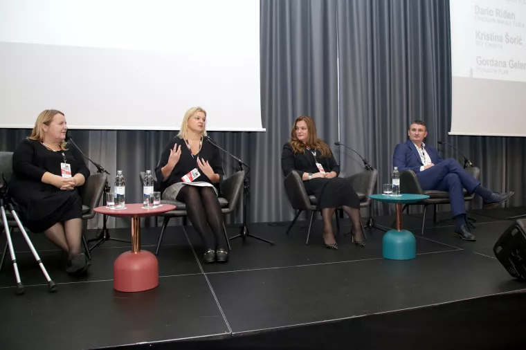 Konferencija o nabavi 2023. Okrugli stol: Ljudi - tehnologije - održivost. Blaženka Knežević, Kristina Šorić, Ivana Cvetko Iliev, Dario Riđan 