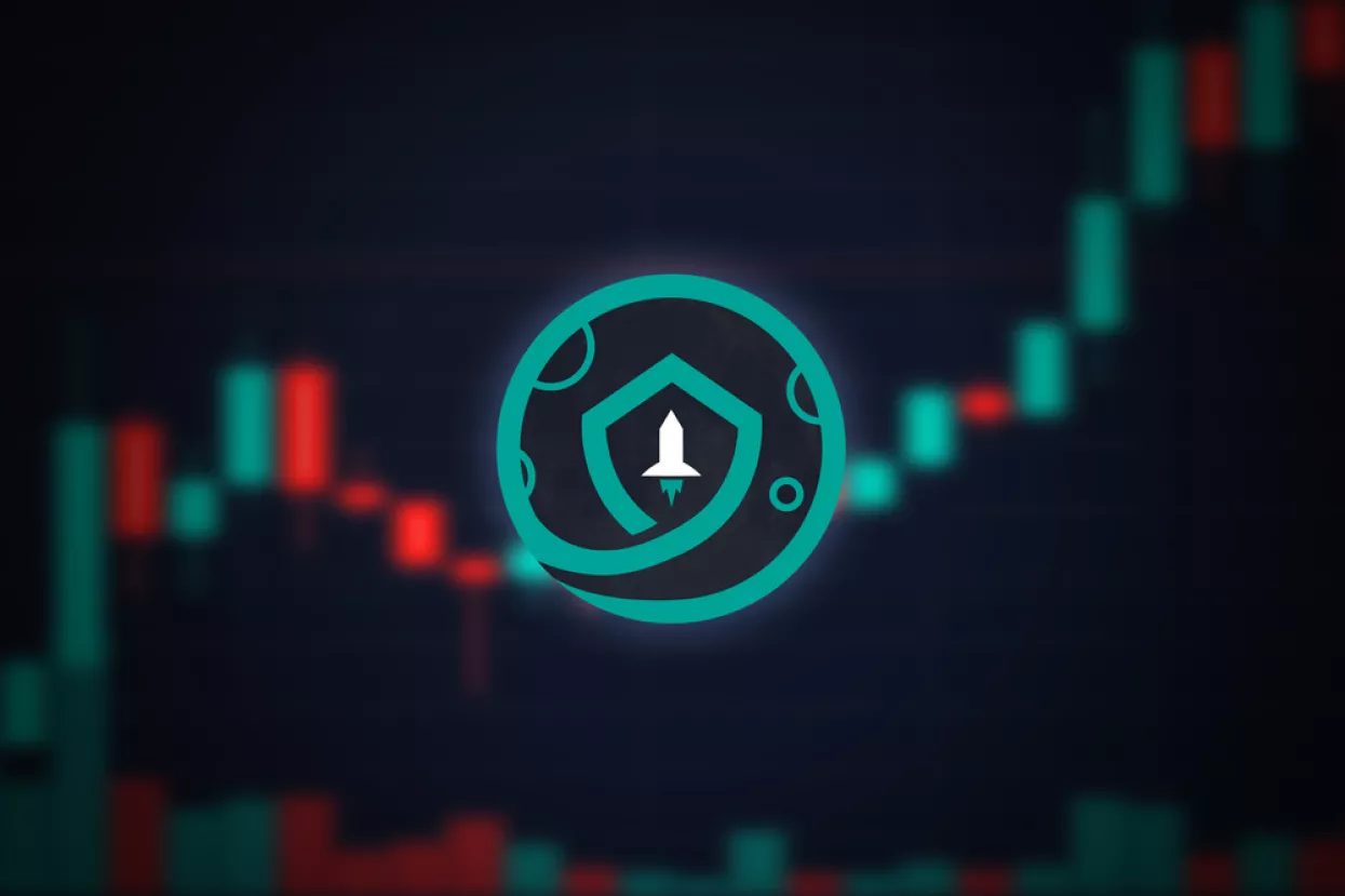 Safe moon cryptocurrency coin logo and defocused stock market chart background, virtual valuta concept.