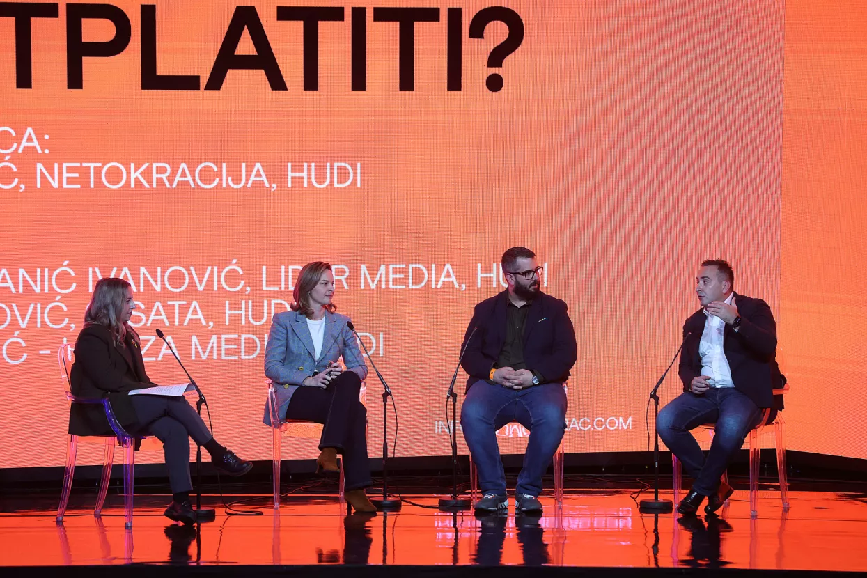 17.11.2023., Zagreb - Konferencija SoMo Borac odrzava se u zagrebackoj Tvornici kulture. Panel - Hoce li se Hrvati pretplatiti? Moderatorica: Mia Biberovic - Netokracija, HUDI. Sudionici: Bojana Bozanic Ivanovic - Lider Media, HUDI, Zoran Turkovic - 24sata, HUDI, Stipe Grubisic - Hanza Media, HUDI. 