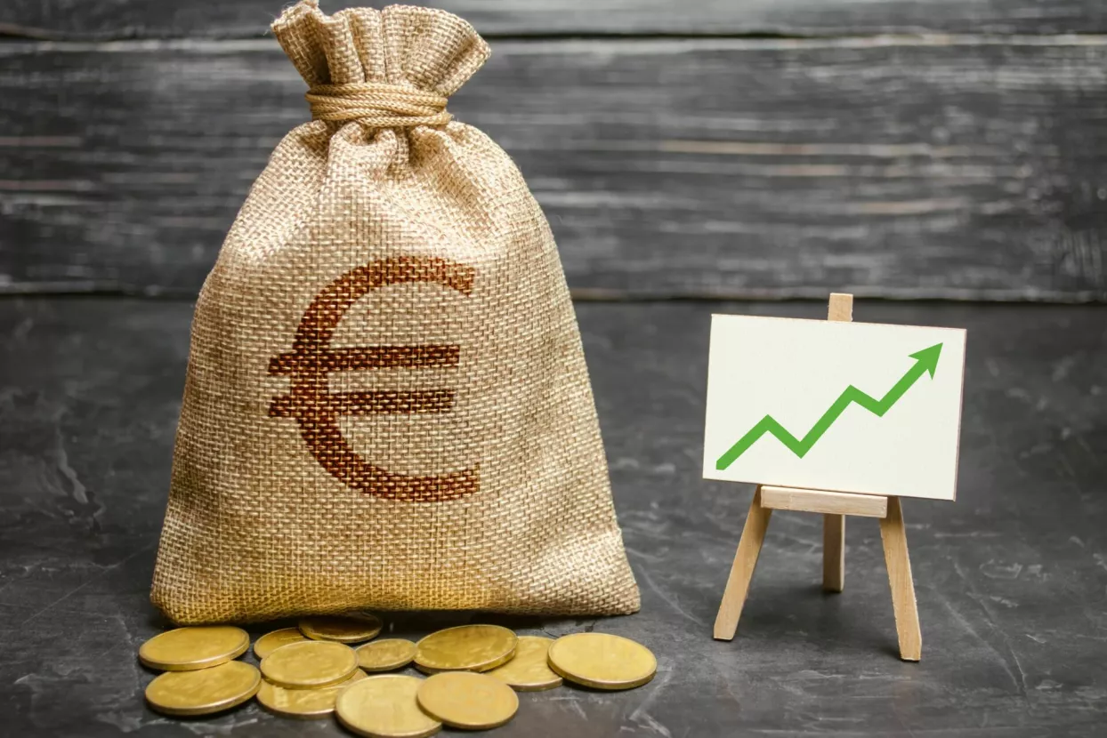 Bag with euro money and green arrow up on the chart. 