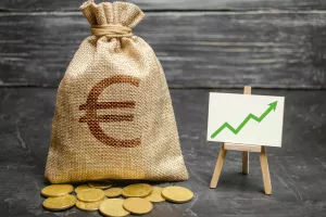 Bag with euro money and green arrow up on the chart. 