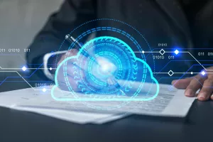 Woman signs agreement. Cloud it hologram. Double exposure. Data storage concept.