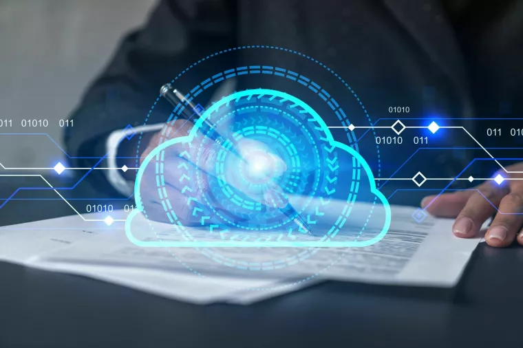 Woman signs agreement. Cloud it hologram. Double exposure. Data storage concept.