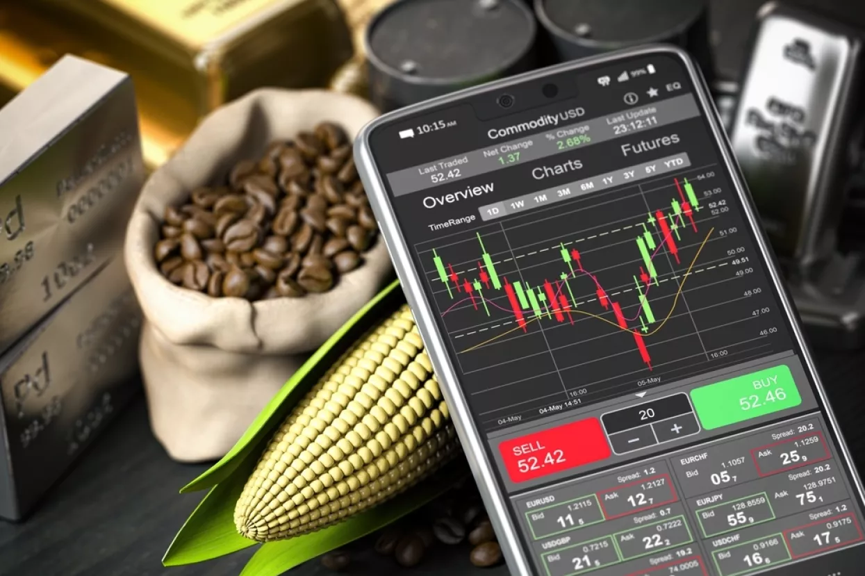 Smartphone and commodities. Stock exchange market trading platform on the screen of mobile phone. 3d illustration<br>burzovne robe, cijene roba, cijene burzovnih roba, trži&scaron;ta, kava, kukuruz, cijena