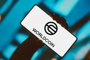 January 12, 2024, Brazil. In this photo illustration, the Worldcoin logo is displayed on a smartphone screen