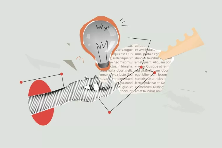 Vector collage grunge banner. A hand cut out of paper holds a light bulb that symbolizes an idea. Clippings from a magazine with text. Doodle elements on retro poster.