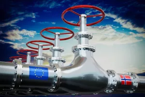 Gas pipeline, flags of European Union and Norway - 3D illustration<br>Norveška, EU, prirodni plin