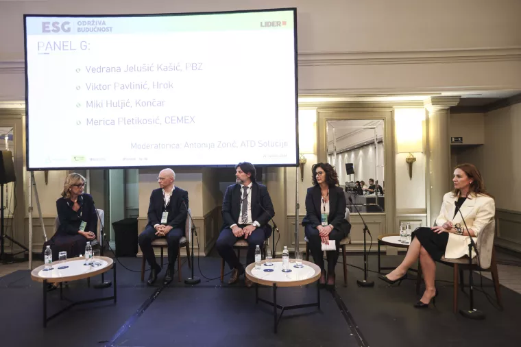 Konferencija ESG- Održiva budućnost. Panel G: Marica Pletikosić, Miki Huljić, Viktor Pavlinić, Vedrana Jelušić Kašić Antonija Zorić
