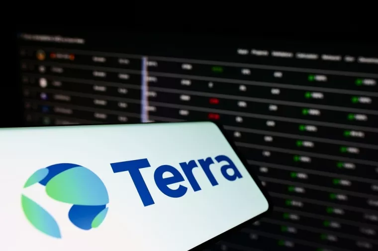 Stuttgart, Germany - 07-15-2022Mobile phone with logo of company Terraform Labs Pte. Ltd. (Terra Money) on screen in front of business website. Focus on center of phone display. Unmodified photo.