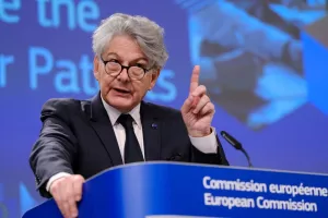 Press conference by European Commissioner Thierry BRETON on new rules to complete the Single Market for patents in Brussels, Belgium on April 27, 2023.