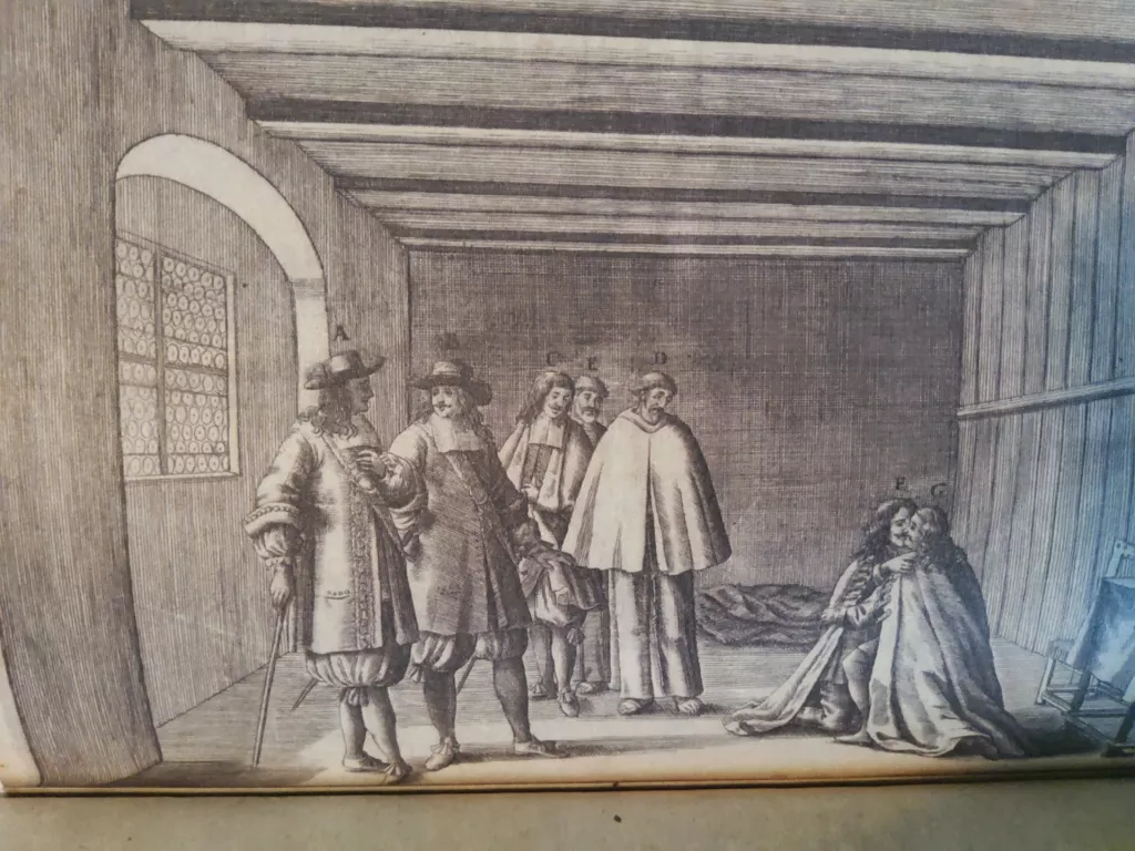 Oproštaj Zrtinskog i Frankopana G i F, A grof Abele, bakrorez, Cornelis Mayssens, izvor Kazneni postupak protiv Petra Zrinskog i Frana Krste Frankopana - Dokumenti, Šk-knjiga