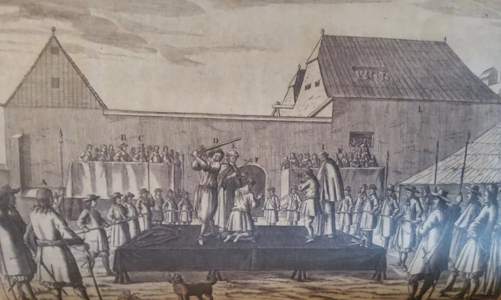 Pogubljenje Zrinskog, B grof Abele, D krvnik Nicholas Morr, G. Zrinski, bakrorez, Cornelis Mayssens, izvor Kazneni postupak protiv Petra Zrinskog i Frana Krste Frankopana - Dokumenti, Šk. knjiga